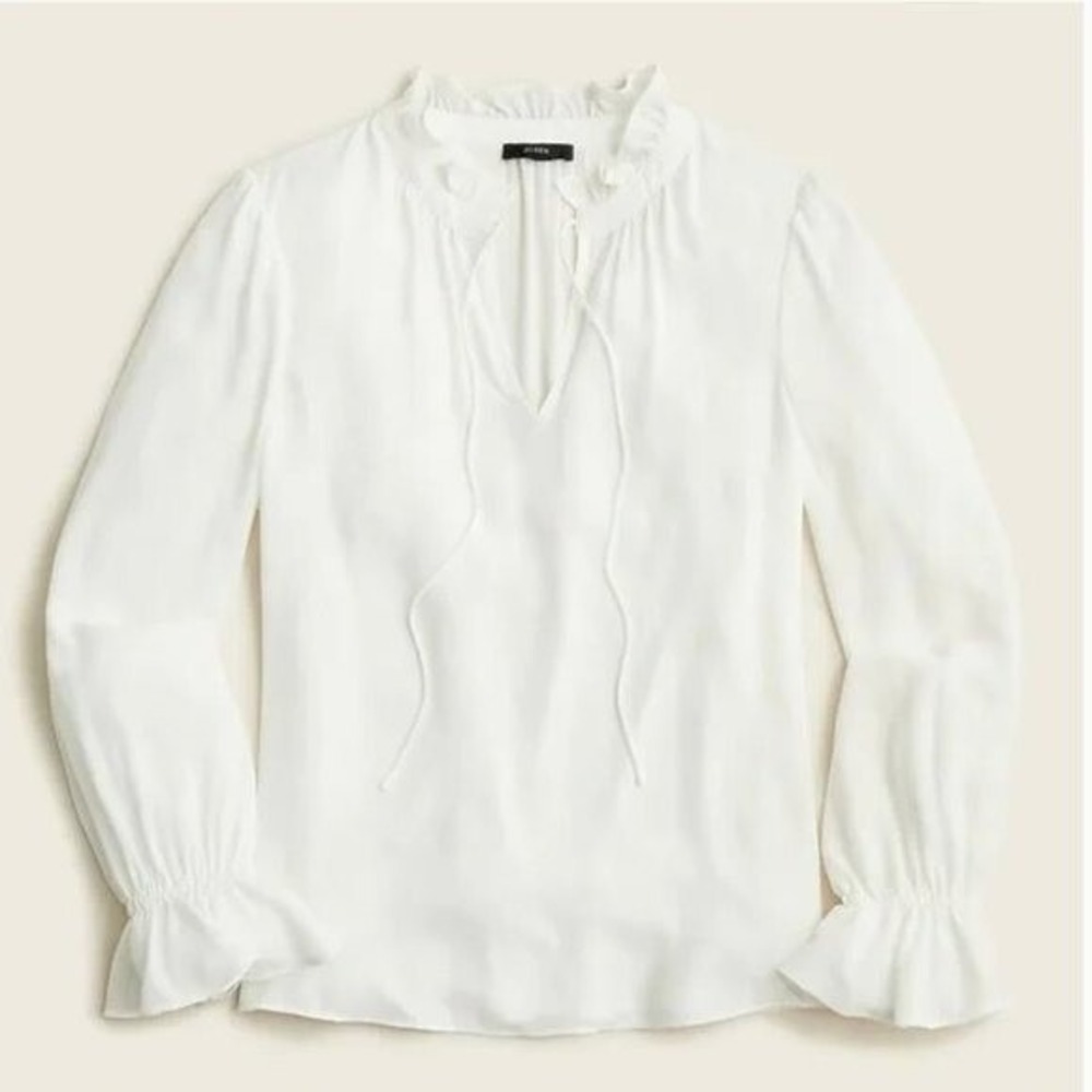 J.Crew Ivory Ruffle Neck Tie Blouse Long Sleeve Career Top Womens | Size M